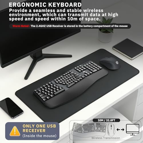 Ergonomic Wireless Keyboard and Mouse Combo, 2.4GHz USB Full Size Keyboard with Wrist Rest and 3 Level DPI Adjustable Wireless Mouse for PC and Laptop Use - Black