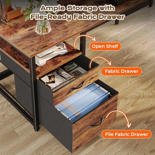 PRAISUN 55 Inch L Shaped Desk with Power Outlets and USB-C Port, Computer Corner Home Office Desk with File Fabric Drawers and Movable Monitor Stand, Larger Storage for Gaming, Study, Rustic Brown
