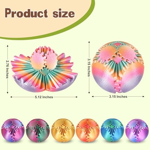 Gear Ball Fidget Toys Steampunk Gear Sphere Stress Relief for Kids Adults 3D Printed Unique Funny Birthday Gift for Christmas White Elephant Stocking Stuffer Easter (Candy-Colored, Dia. 3.15" )
