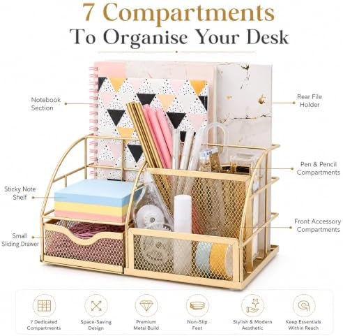 Exerz Desk Organizer Metal Mesh 7 Compartments Office Tidy Caddy Gold