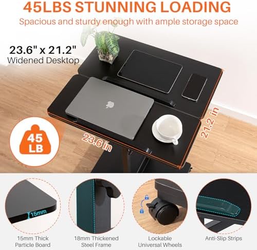 Mobile Computer Cart with Tower Stand, 27.5"-47.2" Height Adjustable