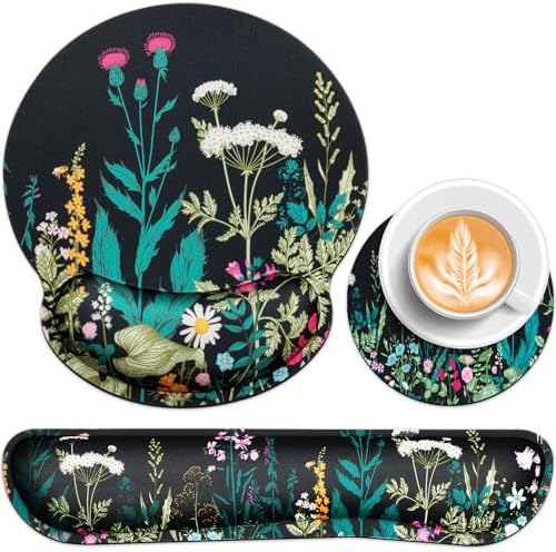 Mouse Pad with Wrist Rest Set, 3-in-1 Wrist Support Mouse Pad Set, Floral