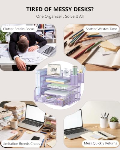 WALI Desk File Organizer, 5 Tier Desktop Paper Letter Tray Organizer with Drawer and 2 Pen Holders, Office Desk Accessories & Workspace Organizers for Office, Home Supplies(DO006DH-V), 1 Pack, Purple