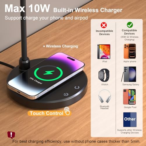 Wireless Charging Desk Lamp for Home Office, 800LM, CRI95+, Black
