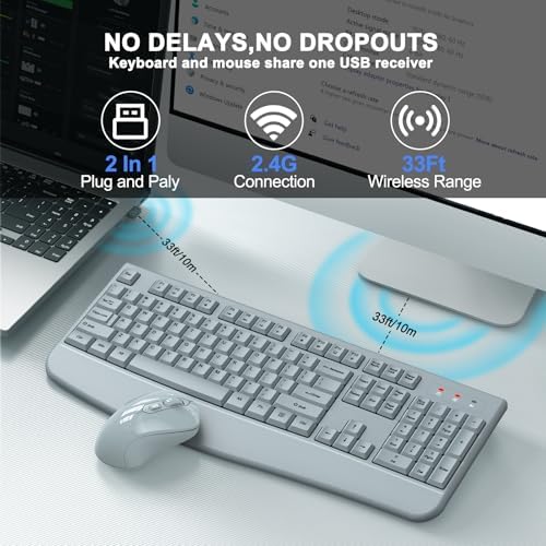 Wireless Keyboard and Mouse Combo, ULSOU 2.4G Full-Sized Ergonomic Computer Keyboard with Wrist Rest and 3 Level DPI Adjustable Wireless Mouse for Windows, Mac OS Desktop/Laptop/PC(Grey)