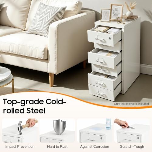 6 Drawer File Cabinet with Lock, Freestanding Filing Metal Drawers Organizer Vertical Metal Rolling Organizer Movable Under Desk Cabinet with Wheels for Home Office Living Room Study (6 Tiers White)