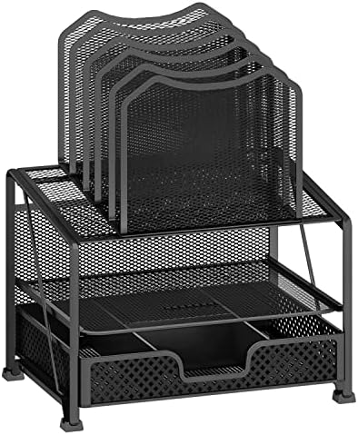 Simple Trending Mesh Desk Organizer with Sliding Drawer, Double Tray with 5 Sections File Bookshelf, Black