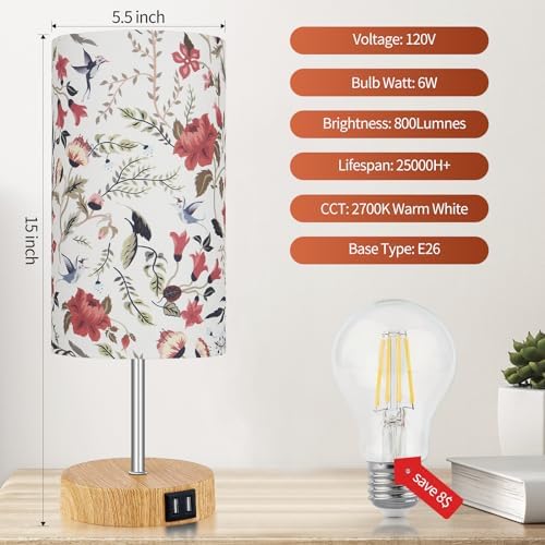 Bedside Touch Lamp, Wood Small Table lamp with 2 USB Charging Ports & Flower Fabric Shade, 3-Way Dimmable Nightstand Lamps for Living Room Bedroom Office Reading Desk Home Dorm(LED Bulb Included)