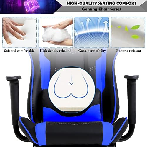 Blue Gaming Chair with Footrest, PU Leather Gaming Chairs for Adults, High Back Comfy Office Chair Ergonomic Desk Chair Computer Chair, Reclining Gamer Chair, Height & Backrest Adjustable, 300 Lbs