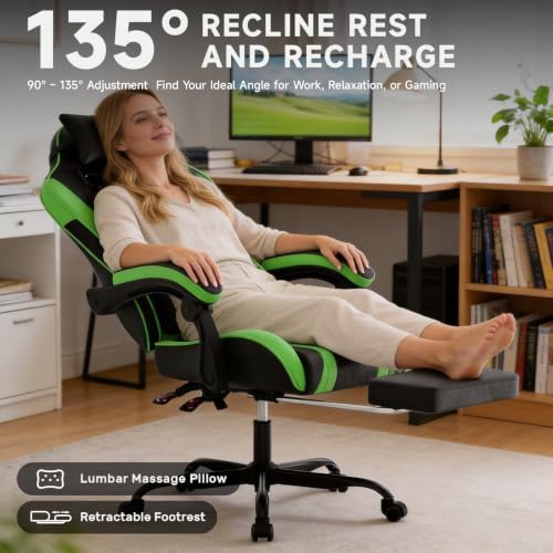 Ergonomic Gaming Chair,A Versatile 3-in-1 Video Game Chair for Work, Study, and Gaming,Features an Adjustable Backrest, Footrest, and Linked Armrests Office Chair for Adults,Blackgreen