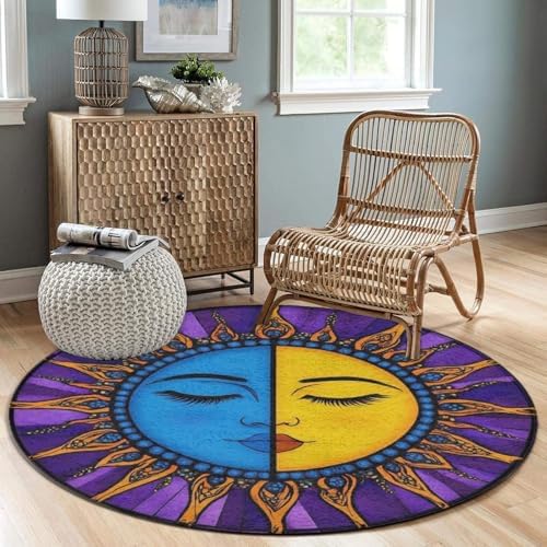 Machine Washable Modern Round Area Rug, Room Sofa Yoga Soft Round Carpet, Home Decor Non Slip Kitchen Office Circle Rug Hippie Sun Moon Art, 36inch