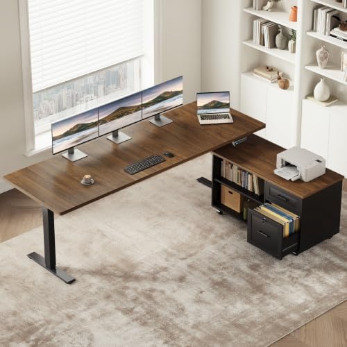 OffiGo 71" L Shaped Electric Standing Desk with Cabinet Sets, Walnut/Black
