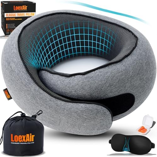 LOEXAIR™ Travel Pillow, Neck Pillow Travel for Airplane, Car - 100% Cotton Fabric & Memory Foam Plane Pillow, Lightweight & Easy-to-Carry on Flight, Full Travel Set (Eye Mask, Earplugs) - Light Grey