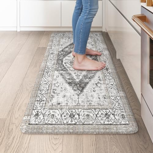 KIMODE Kitchen Mats Cushioned Anti Fatigue, Boho Vintage Kitchen Rugs Grey