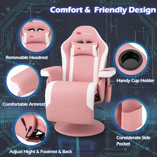 POWERSTONE Gaming Recliner, Adjustable Massage Gaming Chair with Cup Holder Footrest Ergonomic Single Sofa Living Room Home Theater Seating with Side Pouch (Pink)