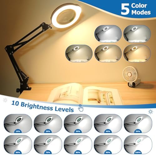 15X 30X Magnifying Glass with Light and Stand, LED Desk Lamp with Base and Clamp, 5 Color Mode, 10 Dimmable Levels, Hands-Free Magnifying Glasses for Close Work, Reading, Crafts, Jewelry