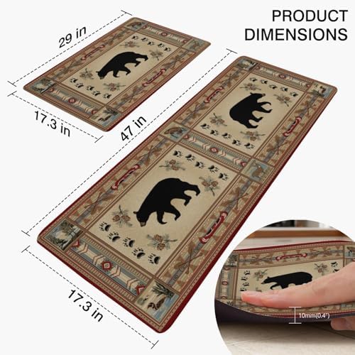Rustic Lodge Bear Anti Fatigue Kitchen Mats, 17.3"x47"+17.3"x29"