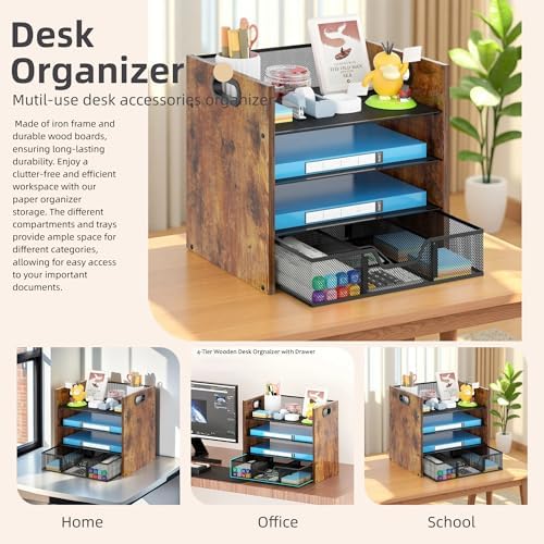 Desk Organizer - 4 Tier Desktop File Organizer with Drawer, Wooden Paper Tray Organizer, Office Desk Accessories Organizer for Papers, Mail, Notebooks, Stationery