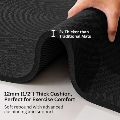 Extra Thick 12mm Exercise Mat, 74" x 26", Non-Slip with a Yoga Strap