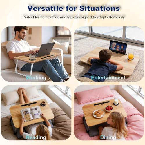 Lap Desk with Drawer, Tablet Slot, Cup Holder - Fits up to 18 Inch Laptops, Folding Bed Desk for Reading, Writing, Eating, Portable Laptop Table for Sofa, Coach, Floor (27.6", Walnut)