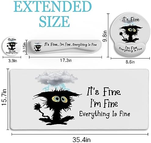 LIMKRIAN Large Gaming Mouse Pad Desk Mat Set, Funny Black Cat Desk Decor