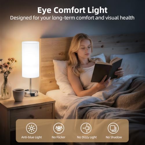 Table Lamp, Dimmable Touch, AC Outlet, USB A+C (White&Silver)