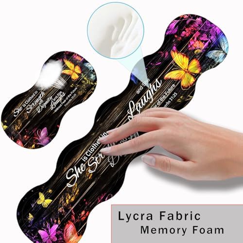 Keyboard Wrist Rest and Mouse Pad with Wrist Support Set Ergonomic Coaster,Memory Foam,Easy Typing Pain Relief,Large XL Desk Mat 31.5"x 11.8",Floral Butterfly Bible Verse Proverbs 31-25