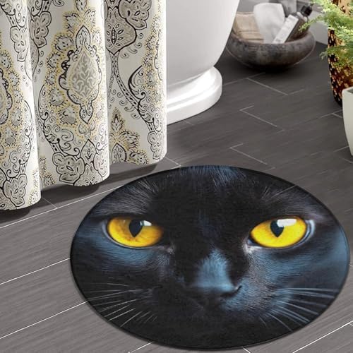 Large Home Decor Mat, Soft Round Yoga Carpet, Non Slip Machine Washable Home Office Circle Rug Black Cat