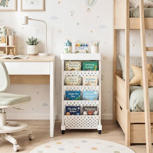 5-Tier Rolling Bookshelf Cart with Wheels, White