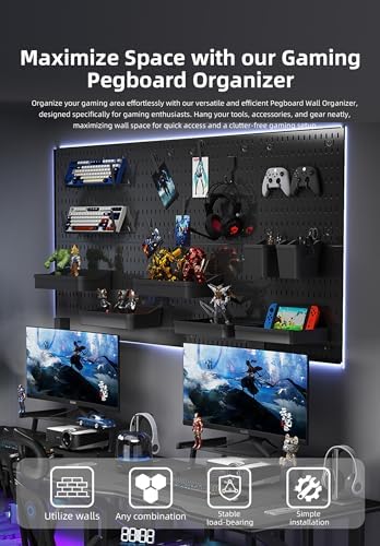 Wall Organizer Peg Board - Elevate And Declutter Your Gaming And Office - Create A Perfectly Structured Space(Black)