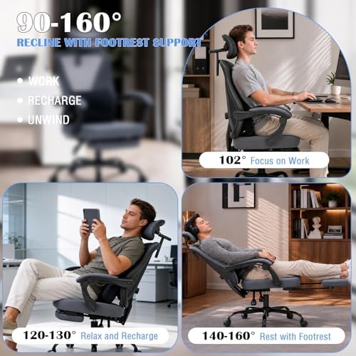 Ergonomic Office Desk Chair with Foot Rest - Adjustable Lumbar Support & Headrest, 90-160° Reclining Mesh Back Computer Chair - Home Office/Gaming for Adults