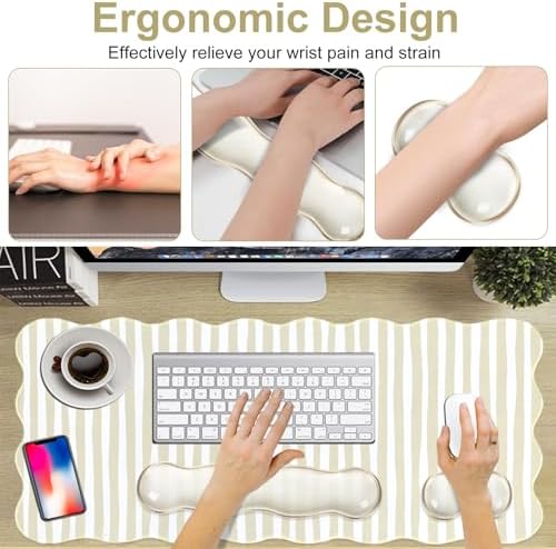 L-SPOUTTO Beige Striped Mouse Pad Set,Scalloped XXL Desk Mat + Ergonomic Mouse Wrist Rest + Gel Keyboard Wrist Rest for Keyboard 65%/75%,3in1 Large Desk Pad for Desktop Home Office Computer Game