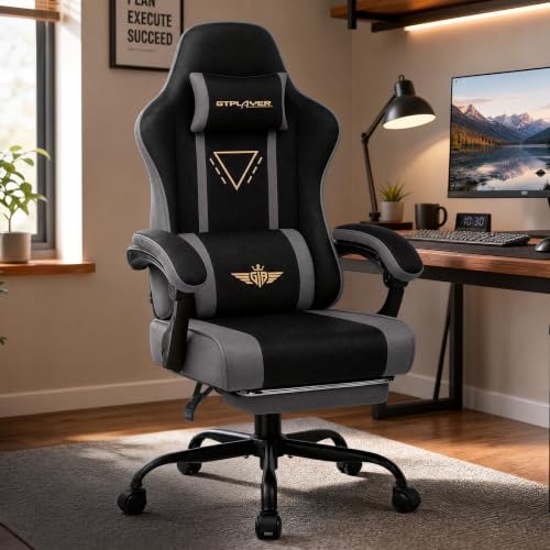 GTPLAYER Video Gaming Chair Fabric, Ergonomic Computer Chair with Footrest and Pocket Spring Cushion, Height Adjustable Video Gamer Chair with Lumbar Support for Adults, Gray