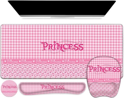 Mouse Pad with Wrist Support 4 in1 Set, XXL Big Game Mousepad + Keyboard Wrist Rest + Mouse Wrist Rest Pad +Coaster Gaming Mat for Home Office Work Computer Laptop I Pink Checkered Princess Girl
