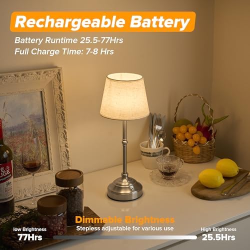 2 Pack Cordless Table Lamp, Rechargeable Desk Lamp with Fabric Shade, Battery Operated 3 Color Stepless Dimming, Small Touch Bedside Lamp Home Decor for Dining, Counter(Brushed Sliver)