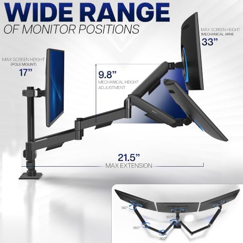 VIVO Triple Monitor Stand, Fully Adjustable Arms for 17 to 27 inch Screens, Mechanical Articulating Desk Mount, Gaming and Office Setups, VESA 75x75, 100x100, Max 19.8 lbs, Classic, Black, STAND-V003O