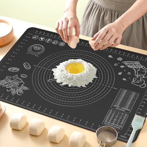 Silicone Baking Mat 28" x 20" Extra Thickness Dough Rolling Mat with Measurements and Edge Heightening, Non-stick Food Grade Silicone Pastry Mat for Pastry, Bread, Cookies, Pizza, Fondant, Pasta-Black