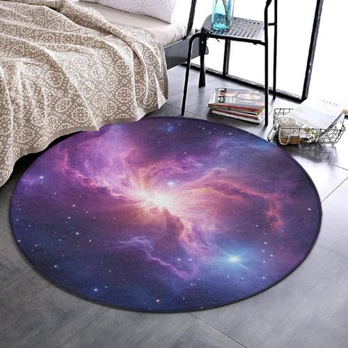 Large Home Decor Mat, Soft Round Yoga Carpet, Non Slip Machine Washable Kitchen Office Circle Rug Purple Blue Galaxy Space
