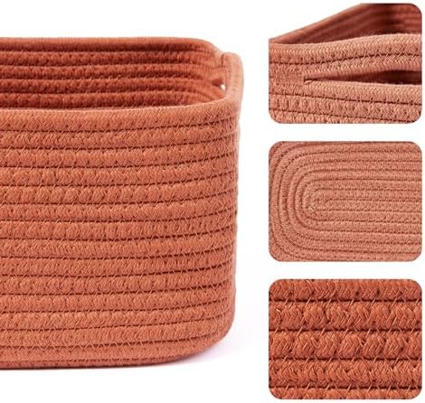 MiniArk Small Storage Baskets for Organizing | Closet Organizer Bins | Shelf Toy Basket | Woven Rope Baskets | Cube Decorative Box | Shallow Basket | 13x8.5x5.1” | 4 Packs Oxide Red
