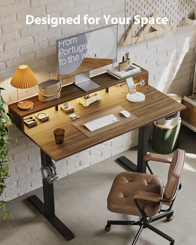 Agilestic 48 * 24 Inch Electric Standing Desk with Shelf & Led, Dark Walnut