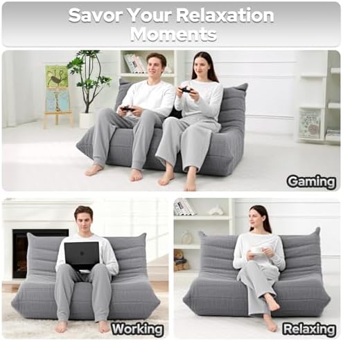 HABUTWAY Bean Bag Chairs Fireside Lazy Floor Sofa,2 Seater,Light Grey