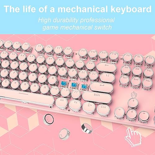 YSCP Typewriter Style Mechanical Gaming Keyboard White Backlit Wired with Blue Switch Retro Round Keycap 104 Keys Keyboard (Pink)