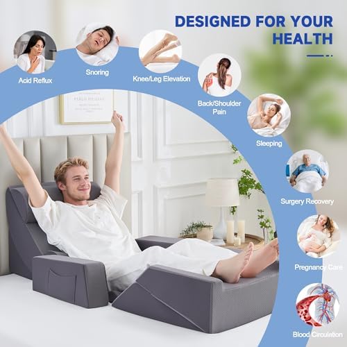 Yojoker Orthopedic Bed Wedge Pillow Set for Sleeping, Post Surgery Foam for Body, Back and Leg Pain Relief Comfortable & Adjustable Support Pillows-Anti Snoring, Heartburn (Full Gray, 9 Piece Set)