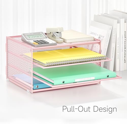 Lavatino 3-Tier Letter Tray Desk Paper Organizer – Pink Mesh Metal File Tray Organizer for Desk, Office Supplies & Home Organization | Fits A4/Letter Paper, Mail, Magazines and Office Accessories