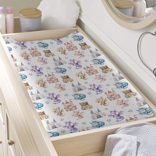Cute Cartoon Dragon Castle Stars Leaves Baby Changing Pad Cover,Unisex Dragon Nursery Diaper Changing Table Pad Mat Sheet for Boys Girls-16x32