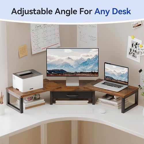 Desk Organizers and Accessories, Dual Monitor Stand Riser with Drawer, Computer Monitor Stand, Adjustable Desk Shelf for PC Laptop Printer TV, Brown