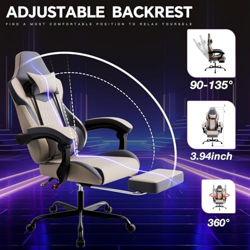 Gaming Chair with Footrest, High Back Gaming Chairs Leather Ergonomic Gamer Chair with Adjustable Headrest Lumbar Support Racing Style Video Gaming Chair for Office/Home (Grey)