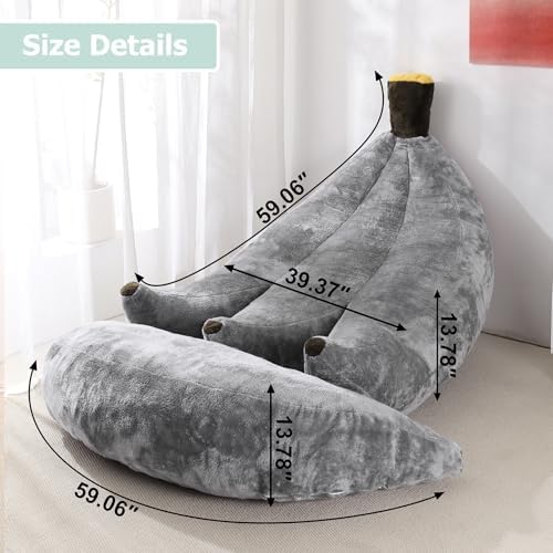 Banana Bean Bag Chair with Ottoman, Floor Sofa Bed with Footrest, Comfy Convertible Lounger for Adults, Plush Couch for Bedroom, Living Room or Dorm, L-Grey
