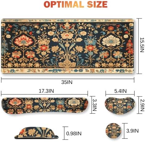 ARTSO Desk Mat Set, Mouse Pad with Wrist Rest Support + Keyboard Wrist Rest + Large Mouse Pad + Coaster, Extended Gaming Mousepad Combo, Retro Flower Plant
