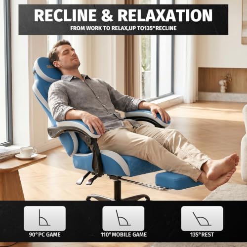 Honeycomb Embossed Gaming Chair with Footrest & Massage Lumbar Support, Adjustable Ergonomic Office Chair for Adults, 300 lbs (Blue White)